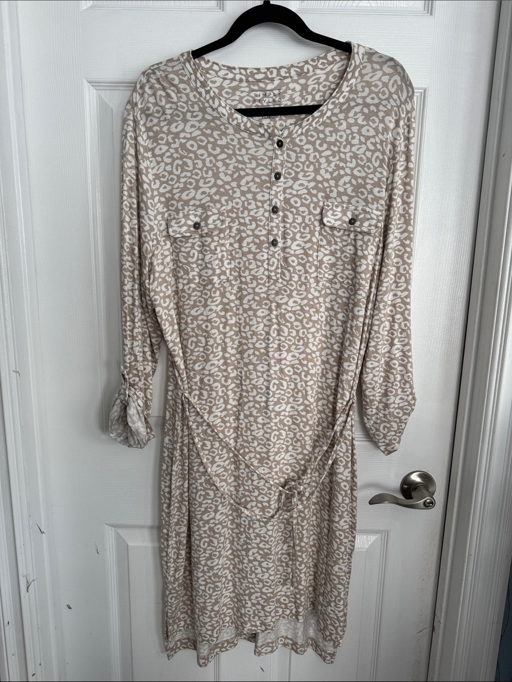 Simply Styled Beige and White Leopard-Print Long Sleeve Shirt Dress